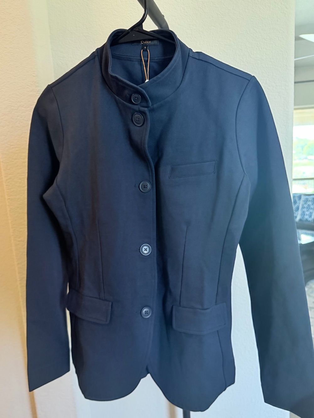 Quince Ultra Stretch Ponte Navy Blue Stand Collar Button-Front Blazer S